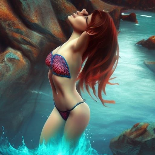Bikini clad girl diving headfirst withe the water just below...