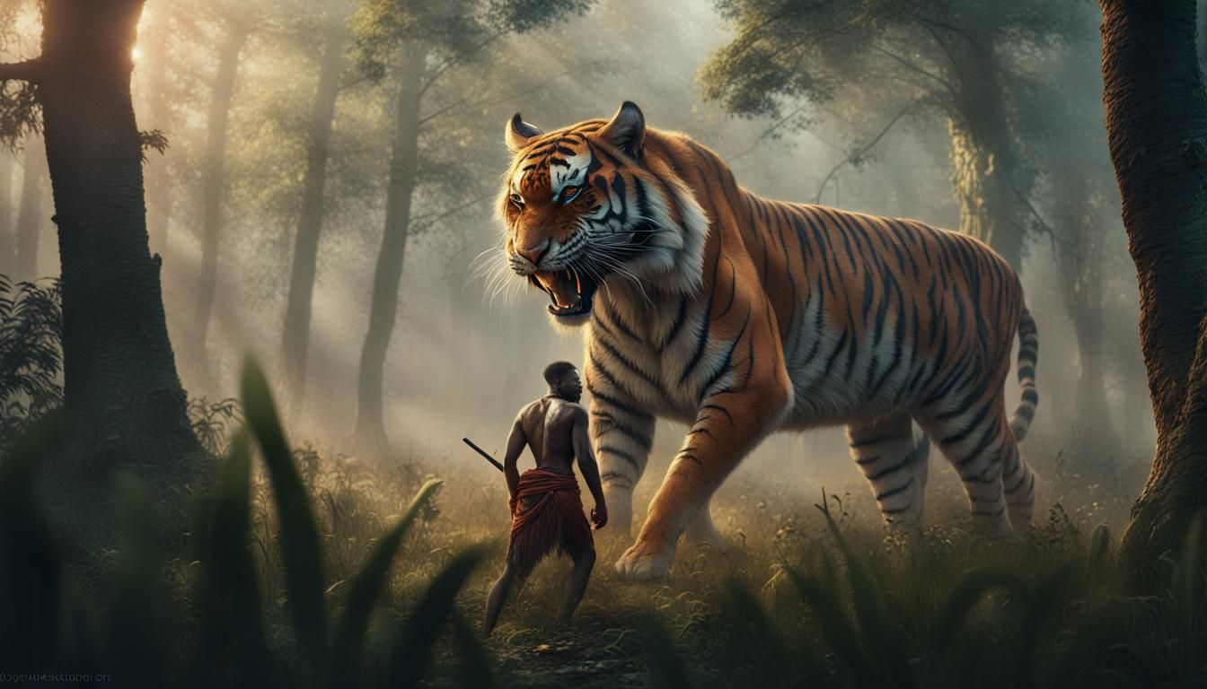 Tribal African man fighting and huge tiger in a misty forest...