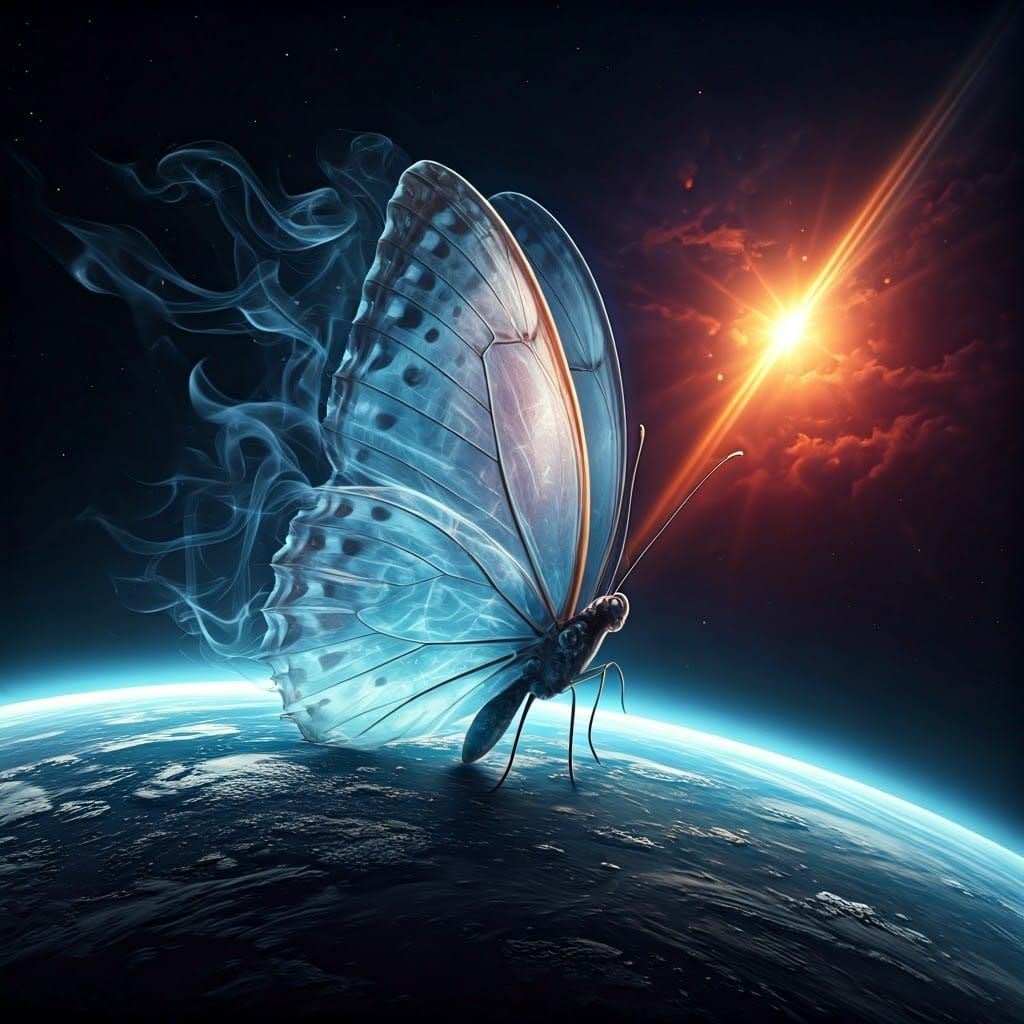 against the background of the planet's disk, a transparent butterfly consisting entirely of clouds of ...  by @Likvi