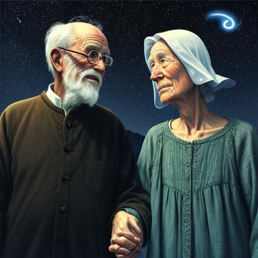 an old man looking up at the stars and holding hands with a ...