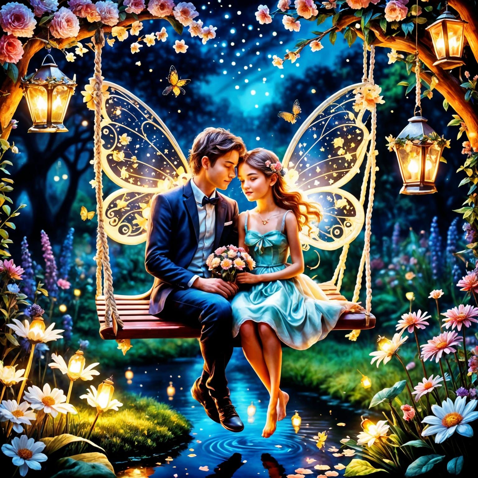 Magical Fairy Couple in Enchanted Night Garden