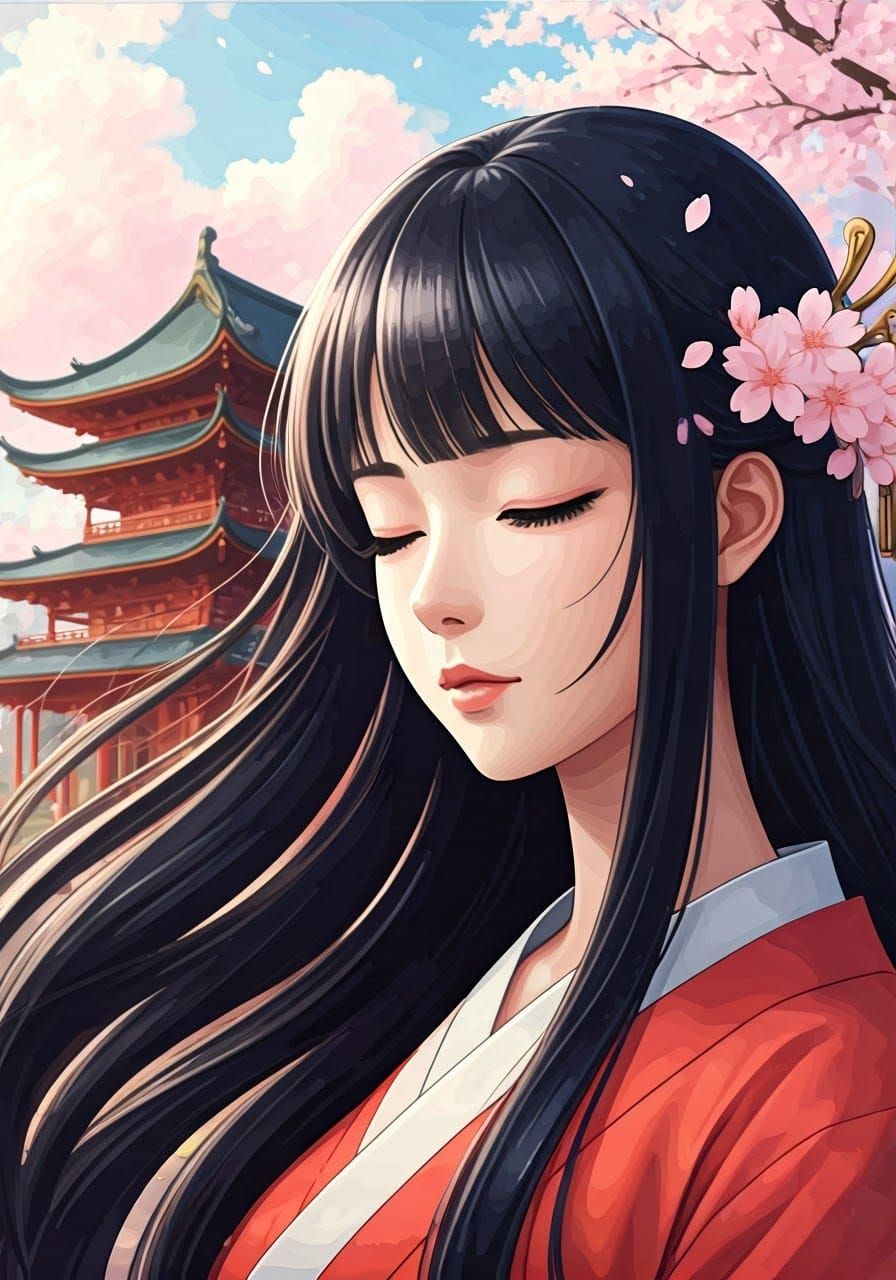 Serene Anime-Style Portrait of a Woman in a Dreamlike Temple...