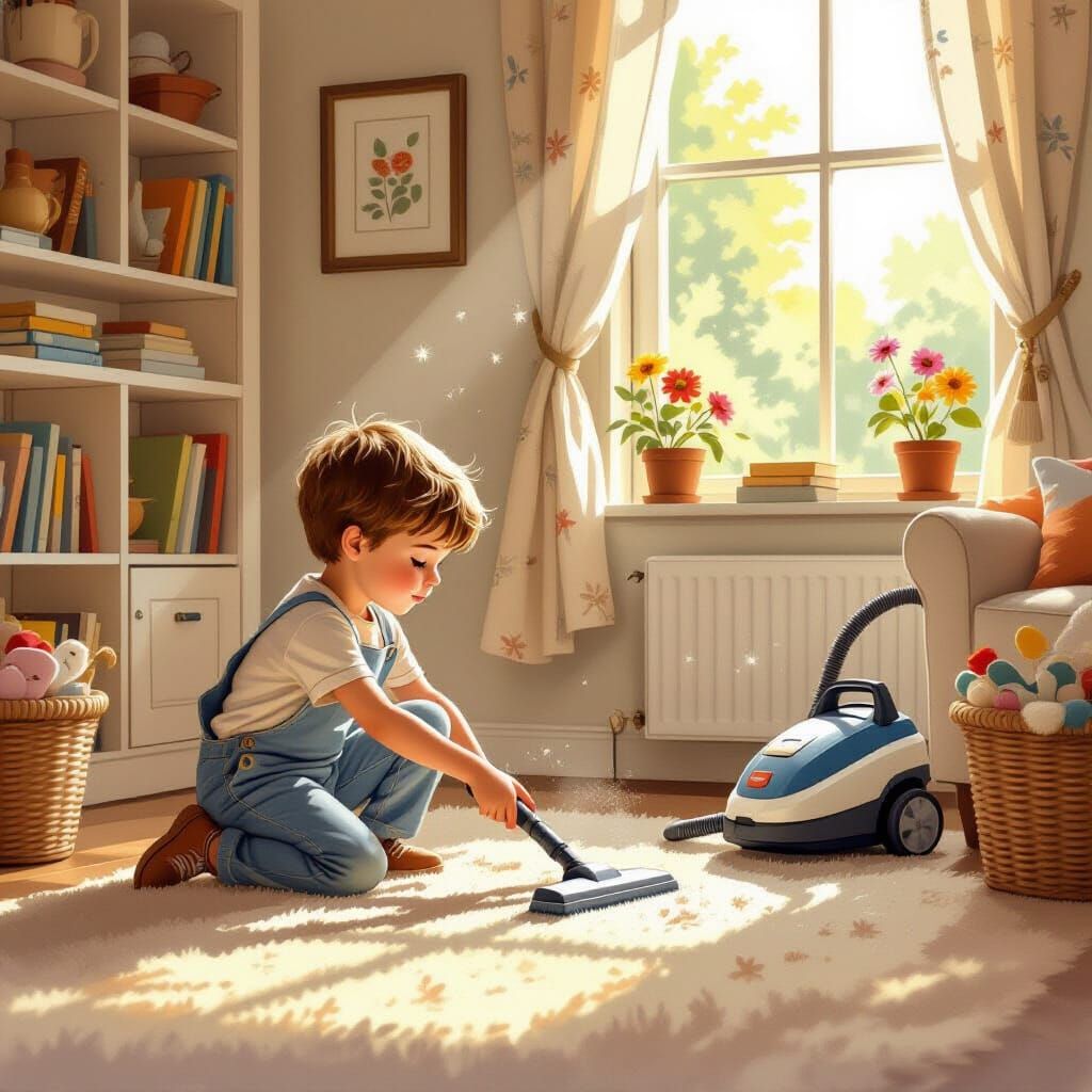 Boy Tidying Up a Sunlit Living Room