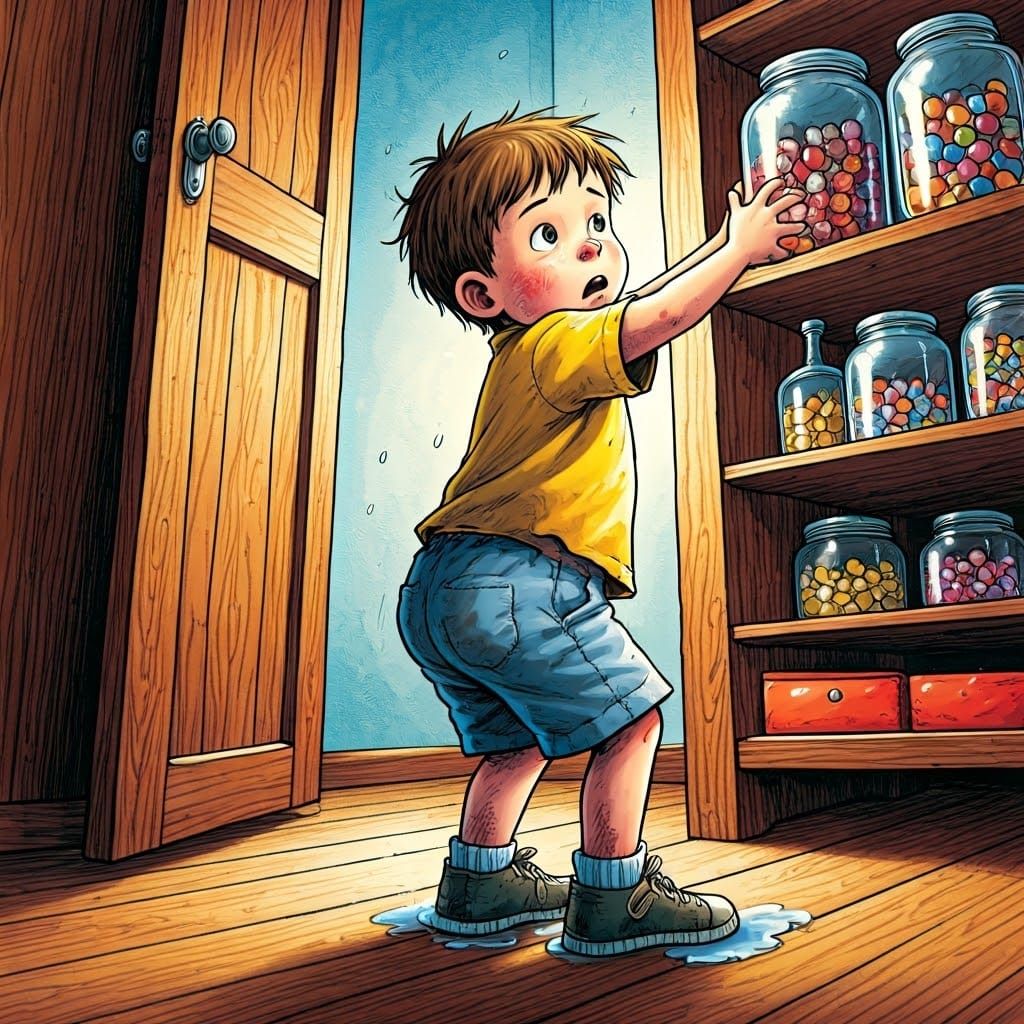 Boy Stretches for Candy in Closet