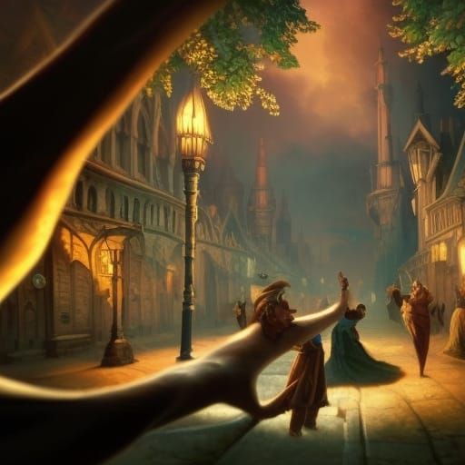 The Pied Piper of Hamelin, parade of mice following him whil...