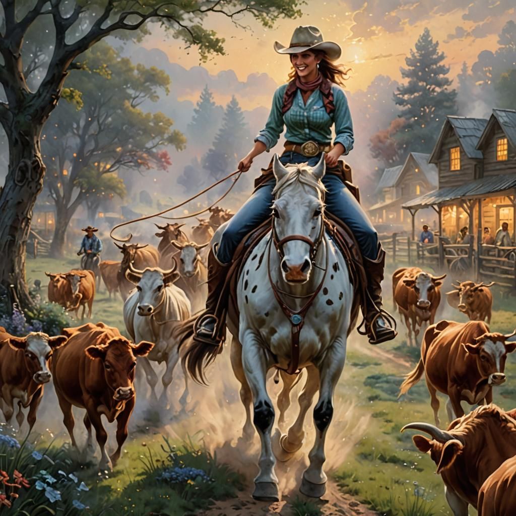 A gorgeous cow girl riding a horse smiling and corralling th...