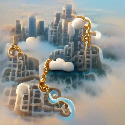 a city in the clouds with a giant chain