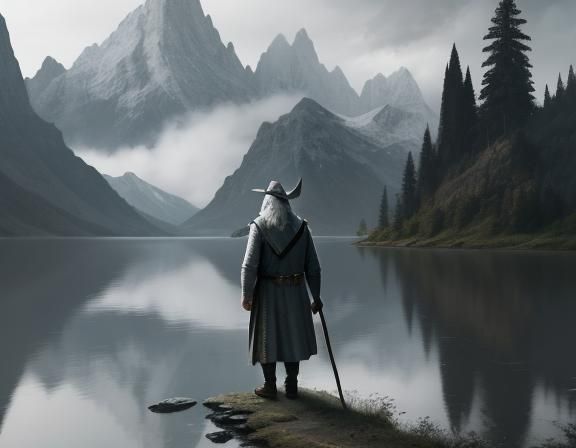 Gandalf on lakeside intricate details, HDR, beautifully shot...