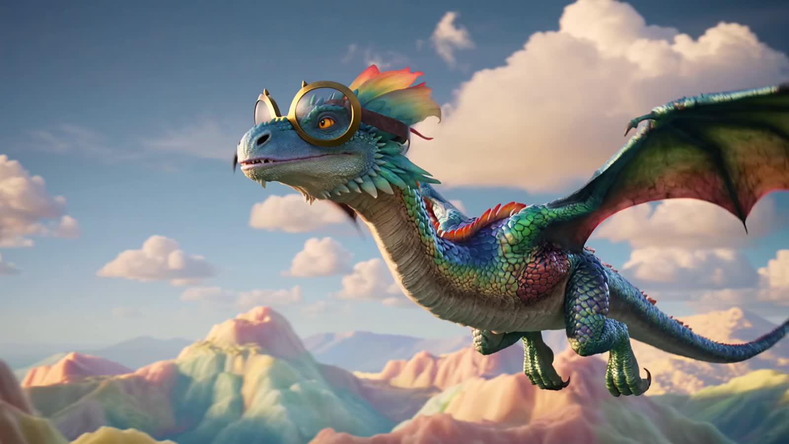 A majestic dragon with comically oversized spectacles perched on its snout, its scales rendered in vibrant, jewel-toned ...