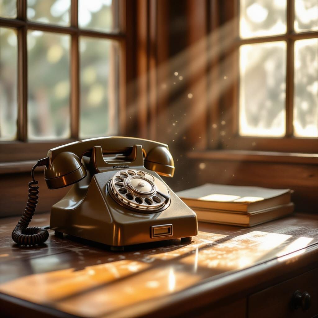 Vintage Rotary Phone on Cluttered Desk in Sunlight
