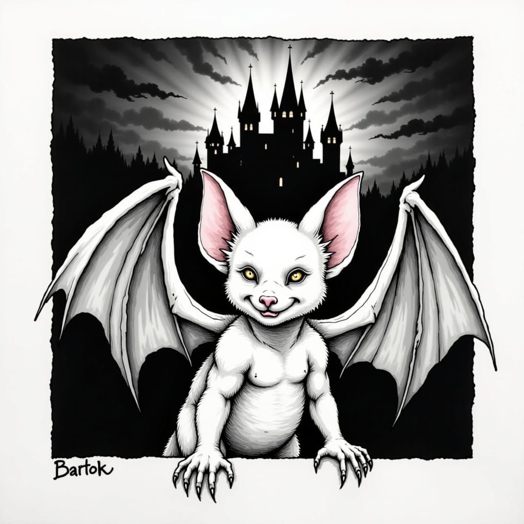 <lora:Ink Prints:1.0> Bartok, the small white bat, flaps his wings dramatically, his tiny claws gesturing as he chatters away. His big pink ...
