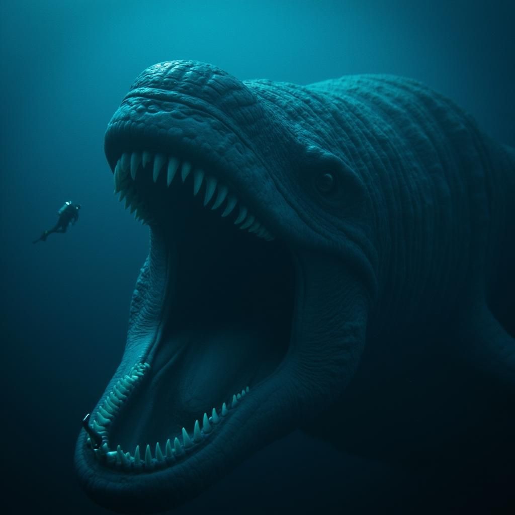 Gargantuan size the bloop leviathan whale looking at a tiny ...