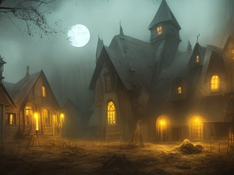 Moonlit haunted attic with creaking floorboards, cobwebs, flickering