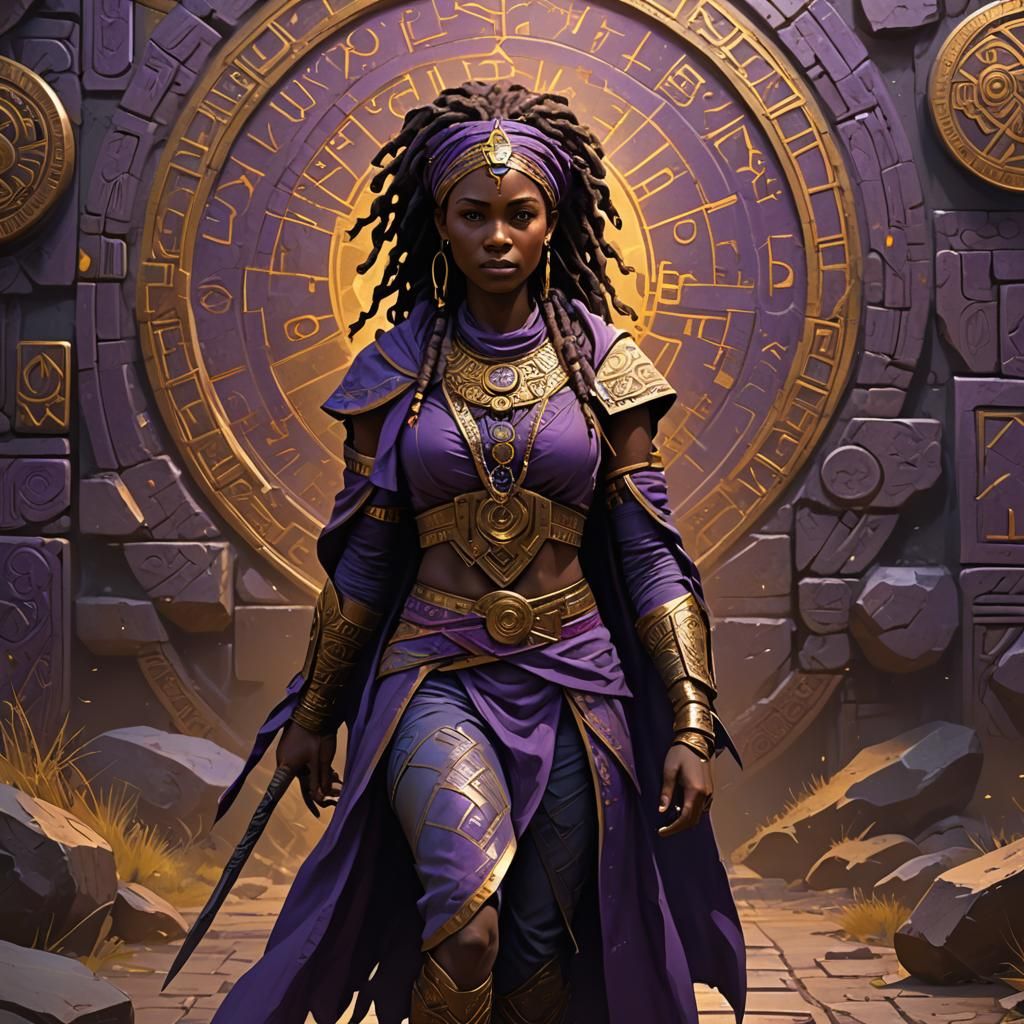African Female werepather walking through Ancient Runes a ma...