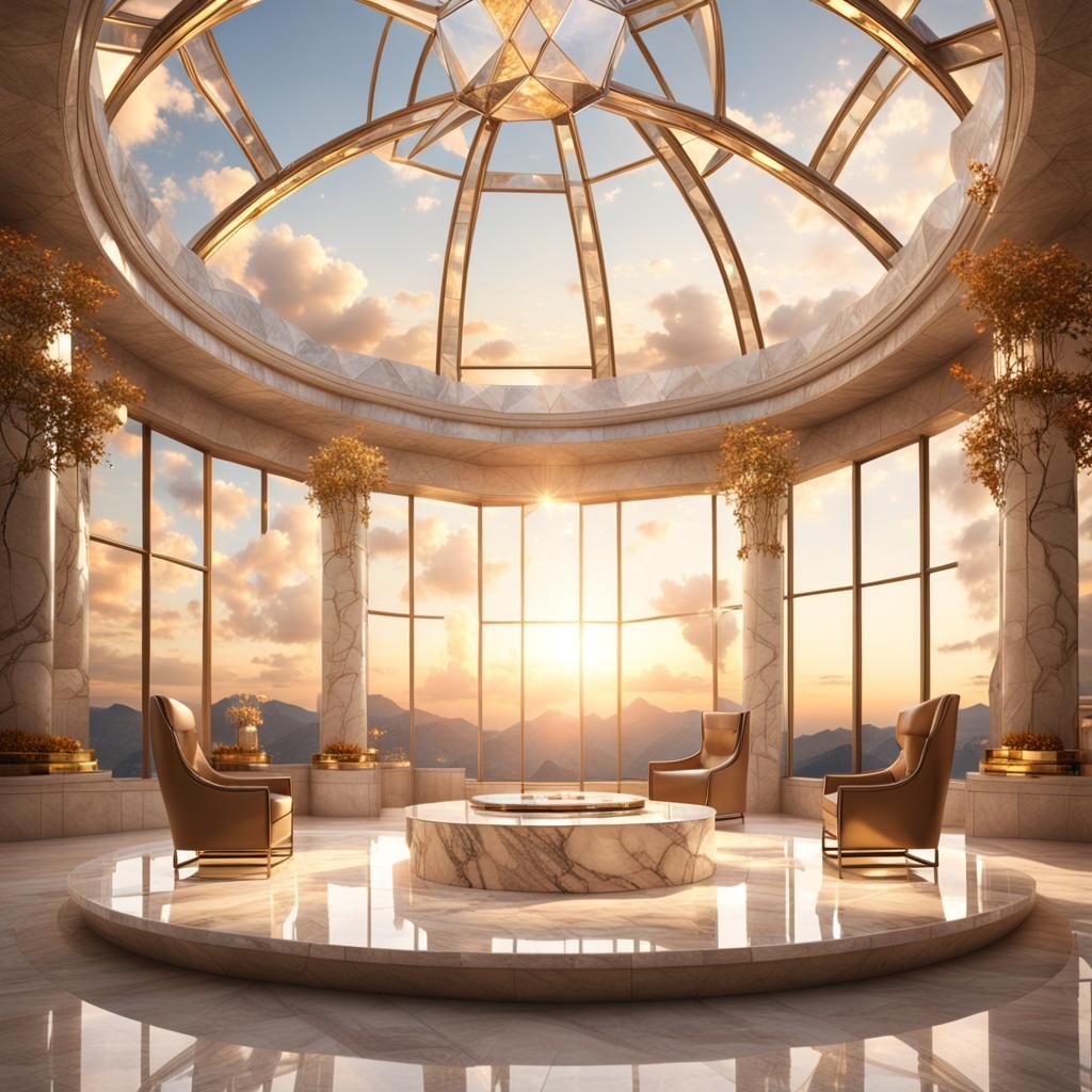 create a mystical large round atrium made of glossy beige ma...