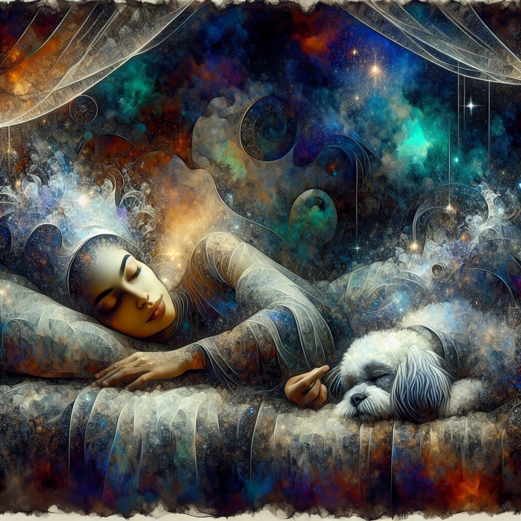 A whimsical caricature of a woman laying on her bed with her favorite pet cuddling up with her, inspired ...  by @James Silvers