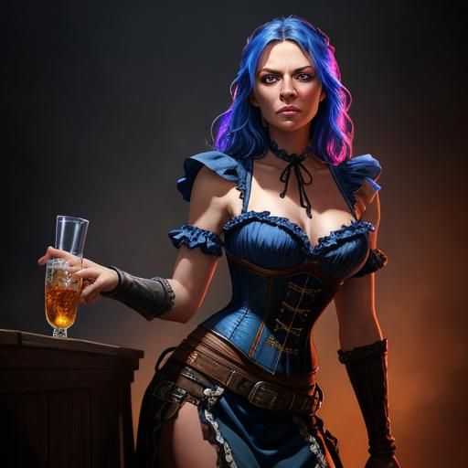 Old west female in slik corset tending bar, ((blue eyes))