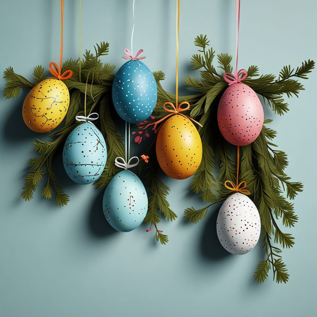hyperrealistic hanging easter eggs from tree branches