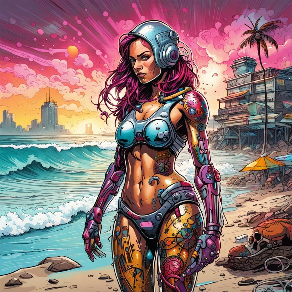 Female Cyborg in bikini on the beach.