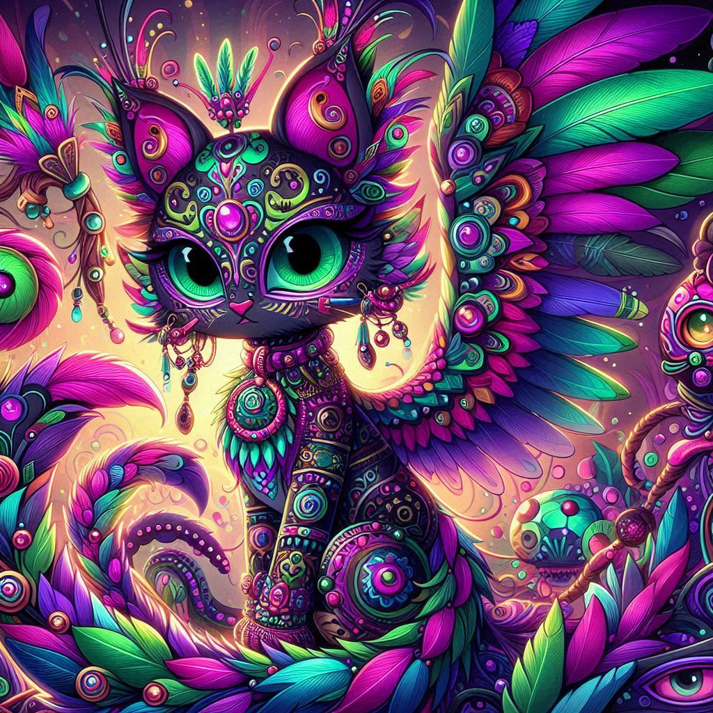 A whimsical goth Quetzalcoatl cat woman adorned with intricate, colorful details, presented in a vibrant cutecore aesthetic. The scene is ri...