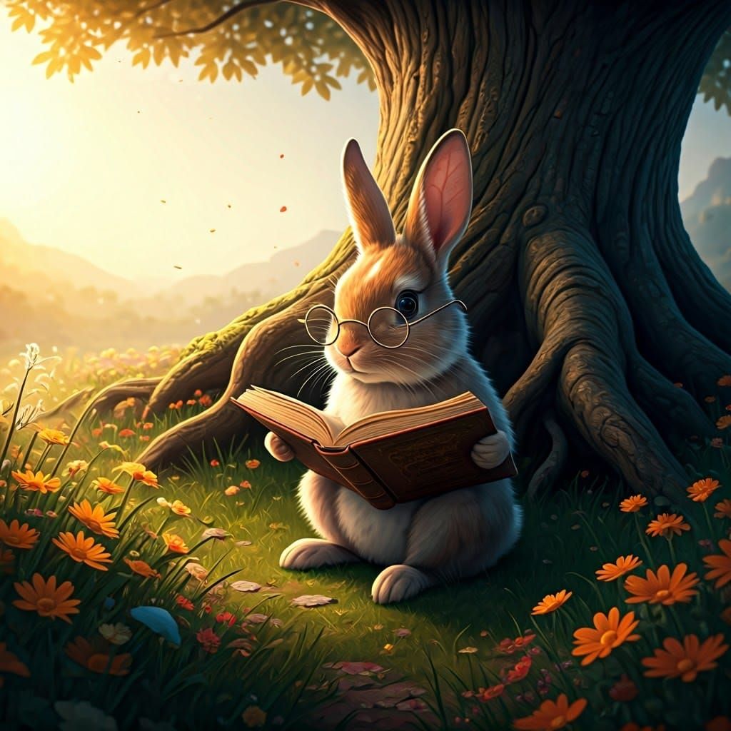 Enchanted Rabbit Reads Under Golden Sunset