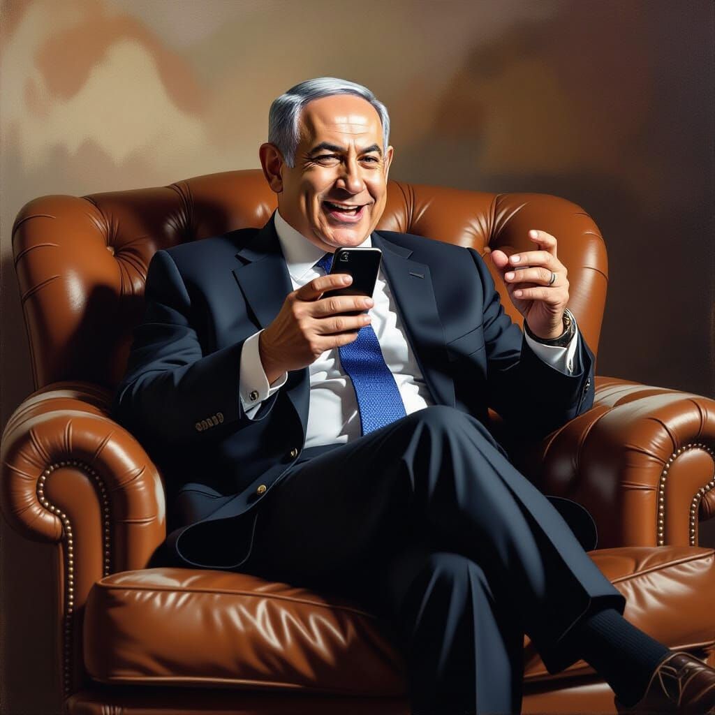 Netanyahu Laughing on Sofa While Talking on iPhone