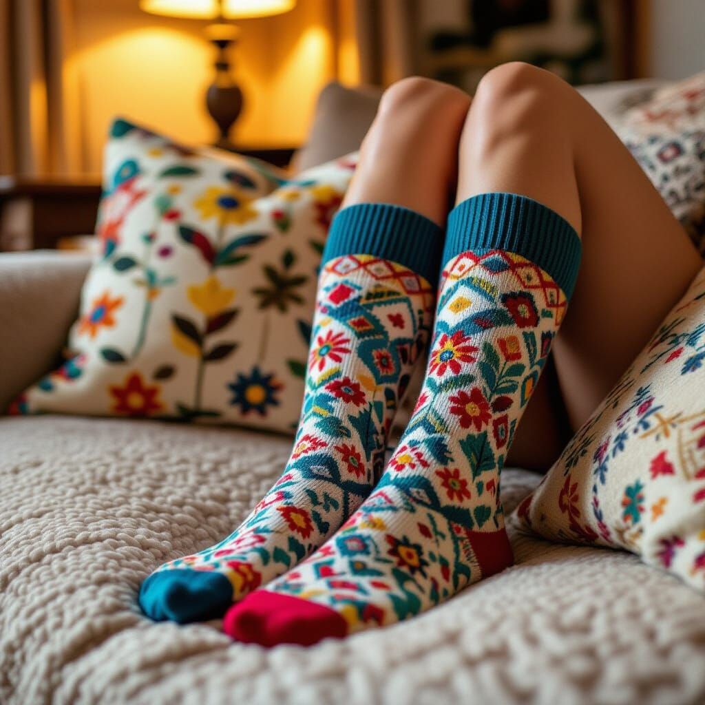 Close-up of a girl's legs wearing beautifully patterned, colorful knitted socks with floral and geometric ...  by @SamuJohn