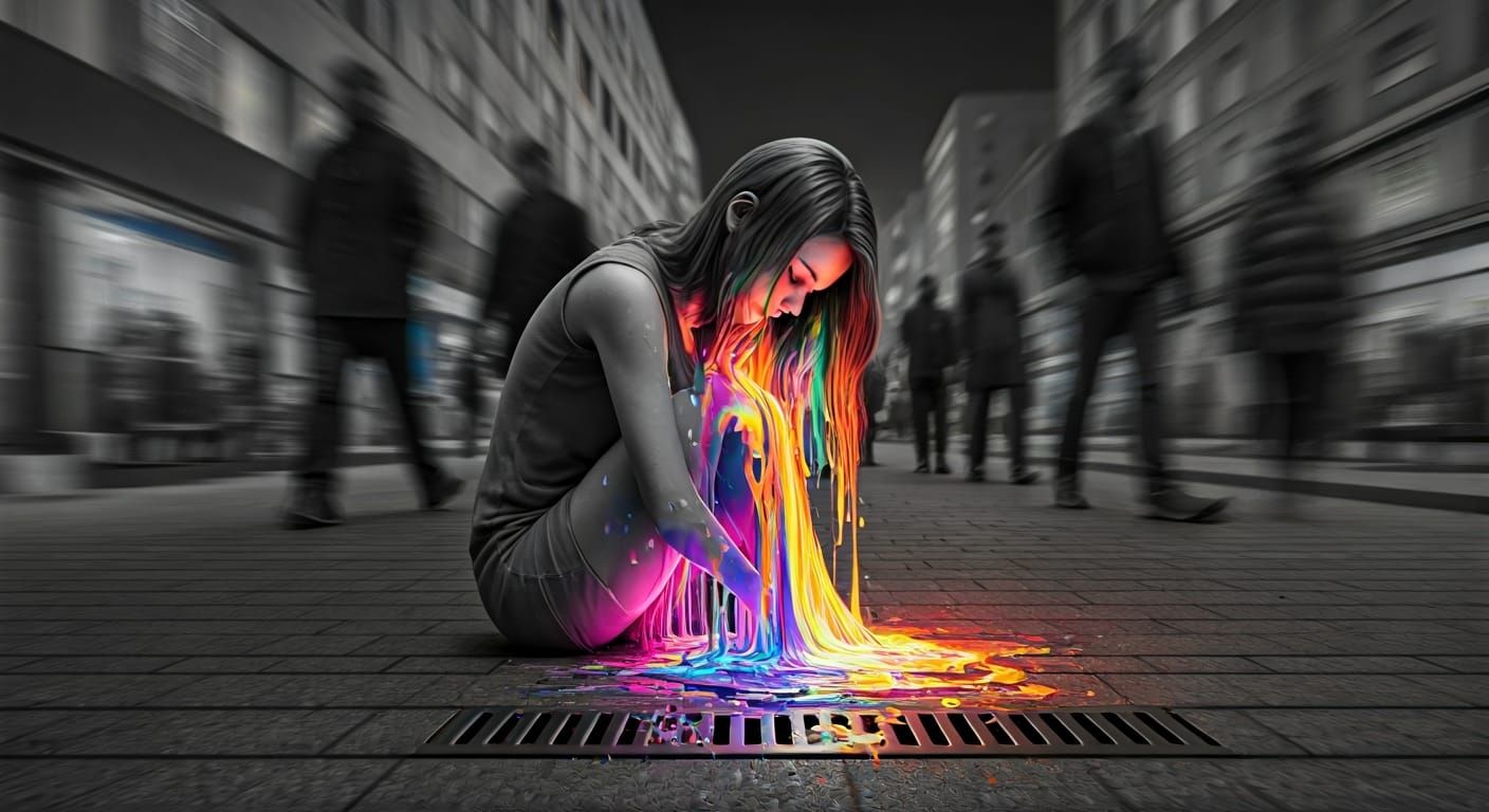 She melted quietly into the drain while the world walked on — grey where hope were lost, color where she lost her hope.  by @CorriBArt