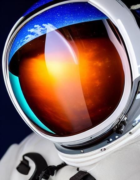 Helmets. space helmet reflects earth with vivid blue oceans ...
