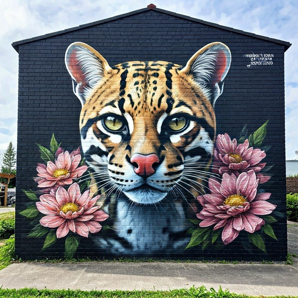 Ocelot, street art  by @EllaMoonDesign