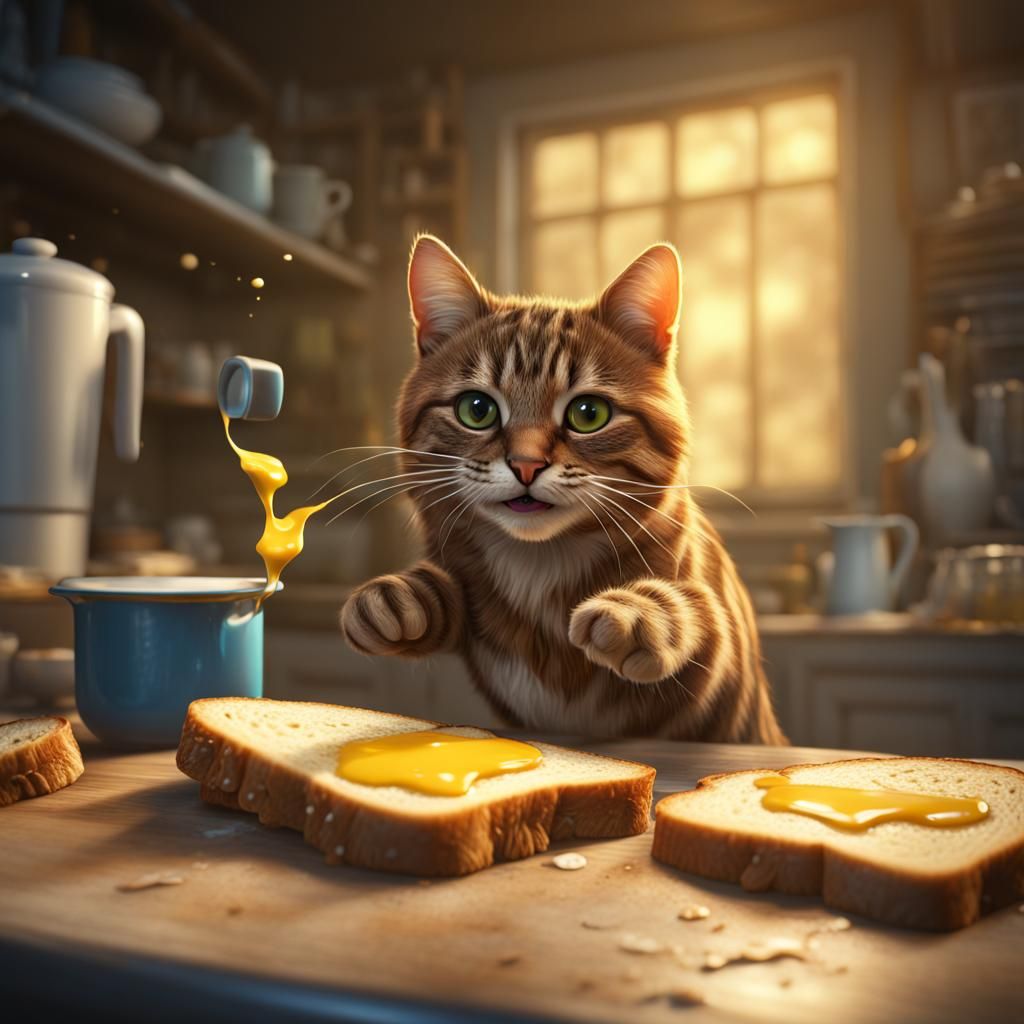 Tabby cat spreading butter onto toast