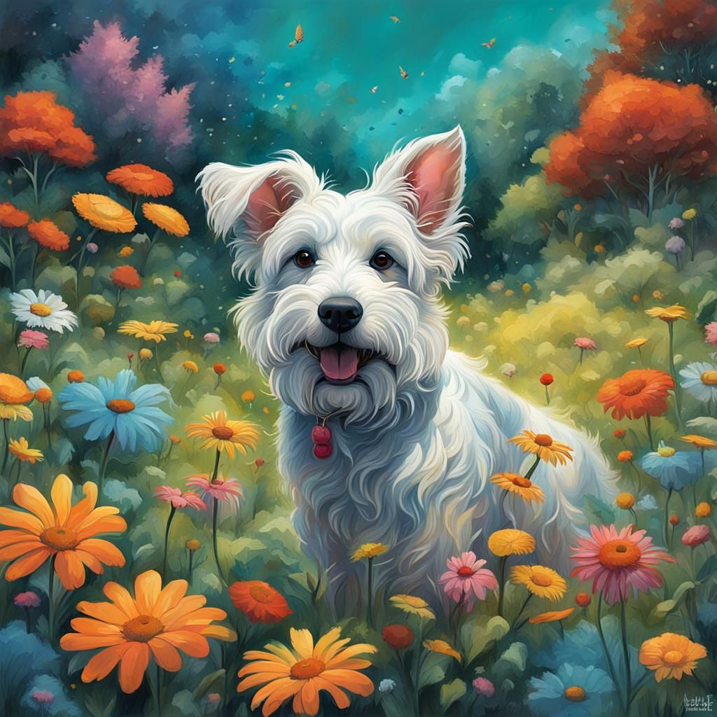 White dog surrounded by flowers