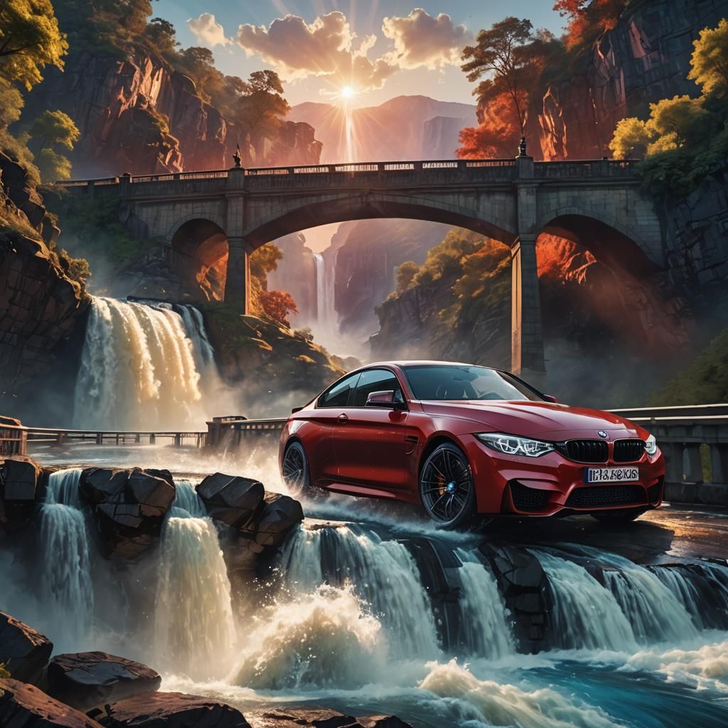 bmw m4 sports, passing by Abshar on the bridge، color is red...