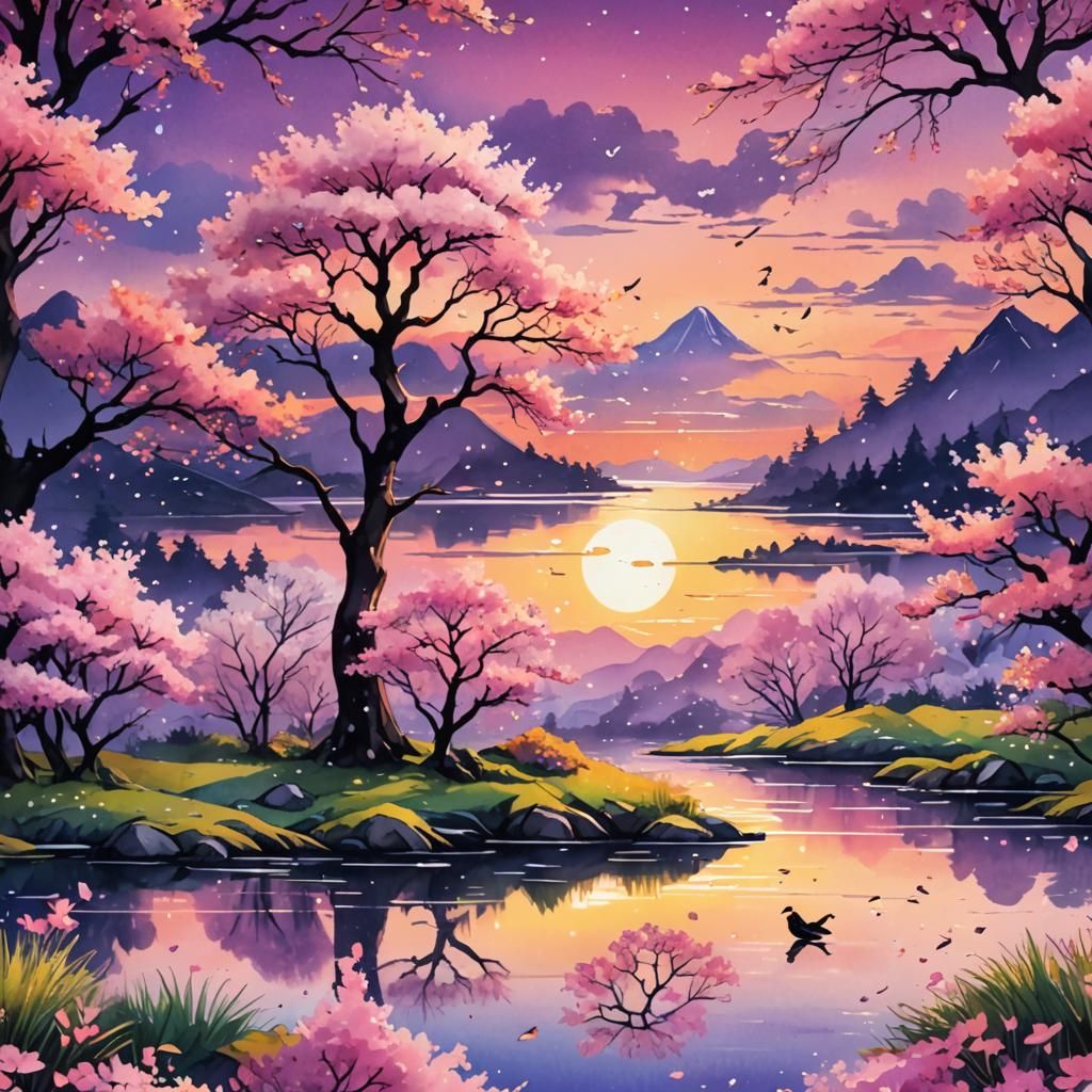 image of a vibrant grassy flowery plain with cherry blossom ...