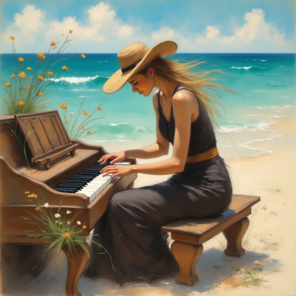 <lora:Morgane:1.0> Woman elf playing piano on the beach.
