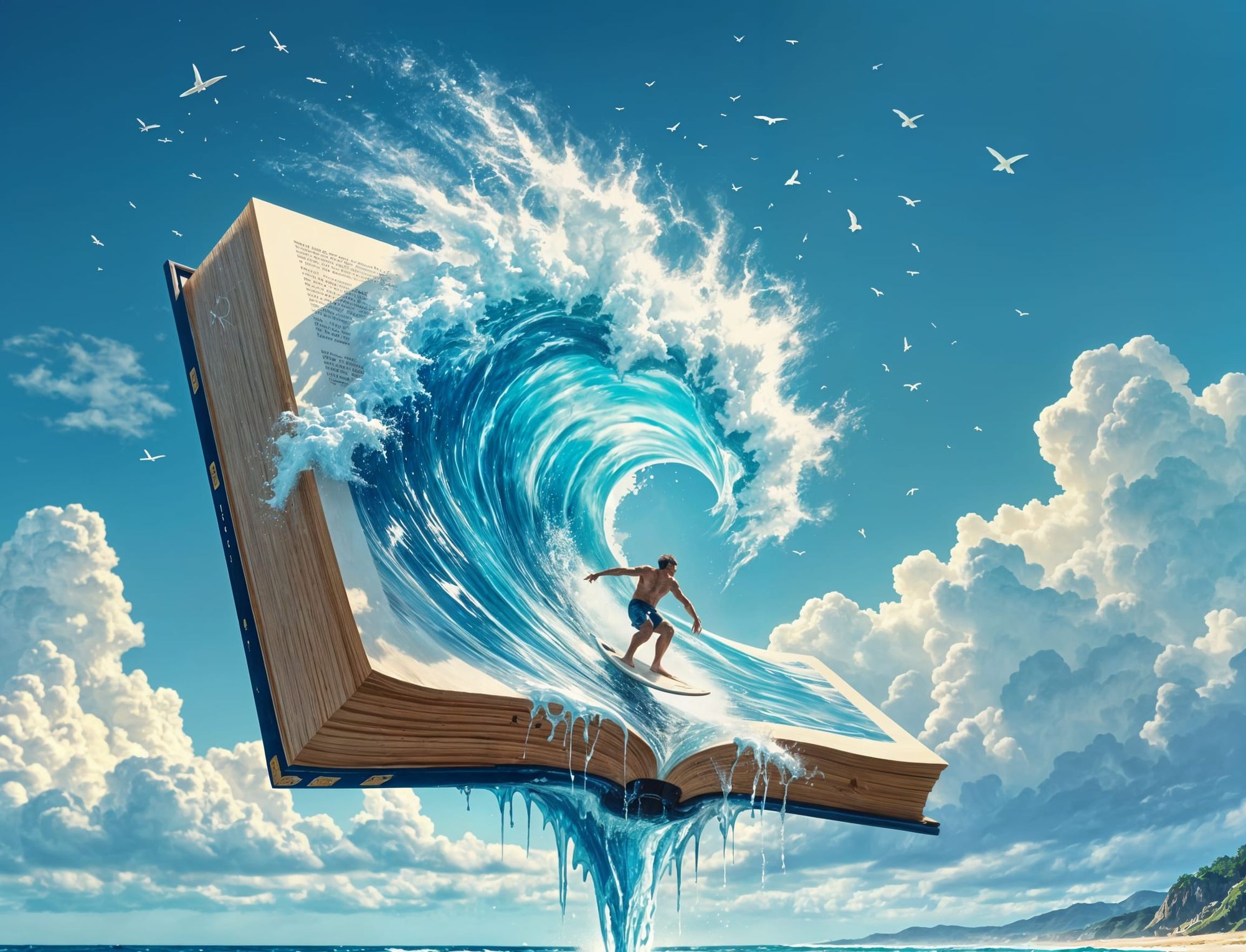 Huge book floats in the sky, l, pages full of  waves, a surfer is surfing on this waves, melting, dripping stardust on the beach, photoreali...