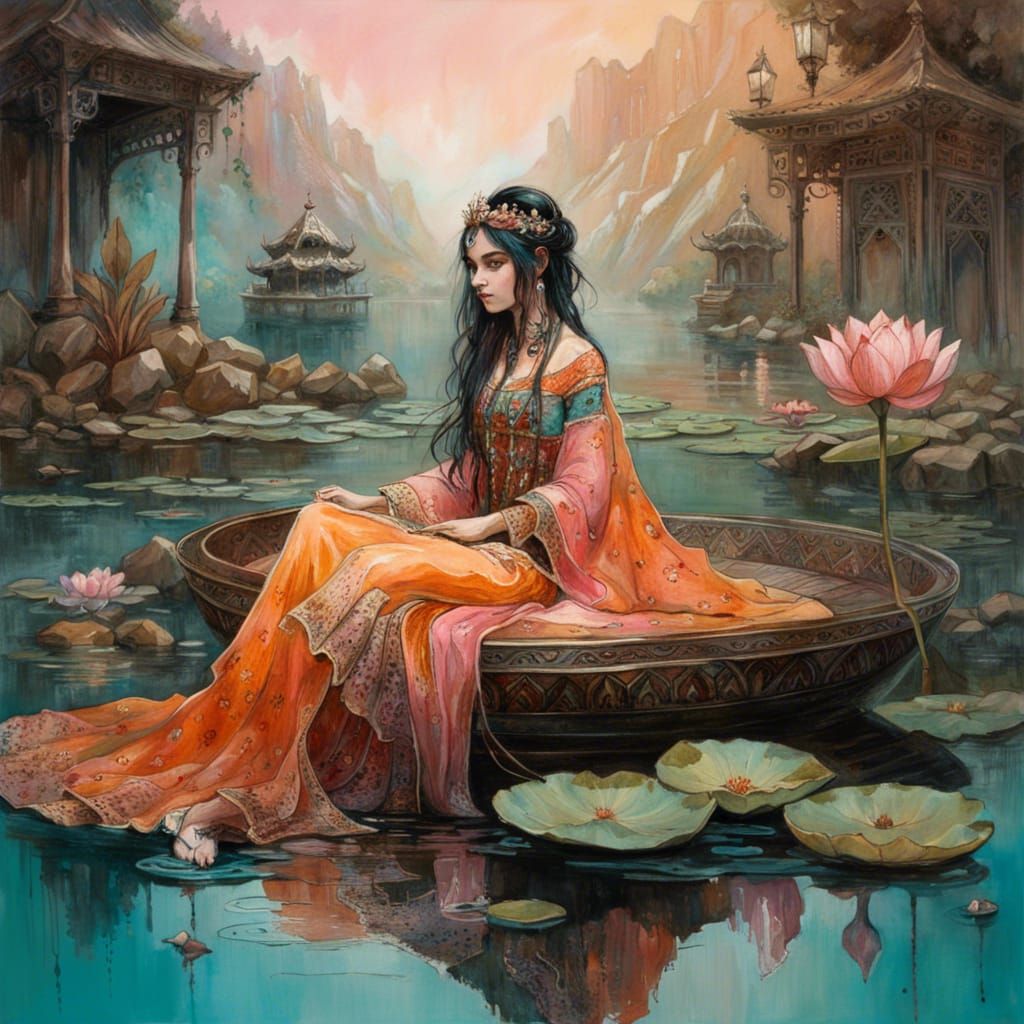 Ornate Persian Princess on Lotus Pond