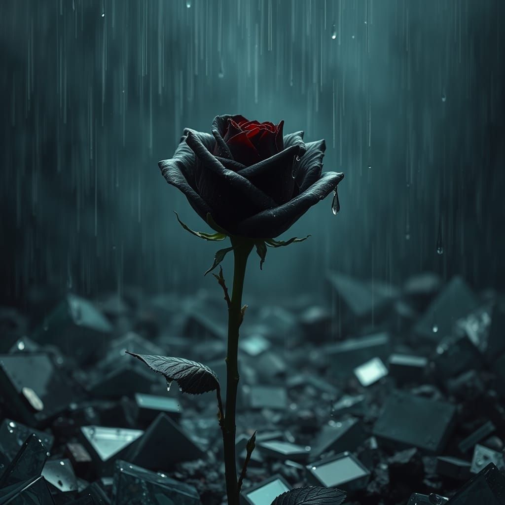 Diamond rain drops on a black rose in a garden of glass and fallen dreams.realistic dreamlike mysterious style 