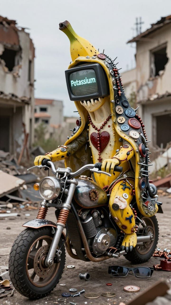 Biting Banana with Fangs..Full HD Cinematic, Encaustic Turtle BANANA Shell, Vitreous Enamel, Undead Goth Female Sister M...