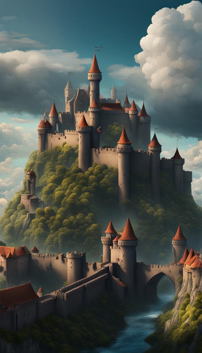 A medieval Fortress with a darkened sky clouds and an army i...