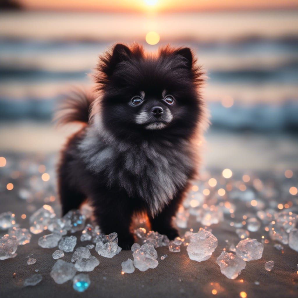 adorable cute sweet crystal black pomeranian puppy on a cali...