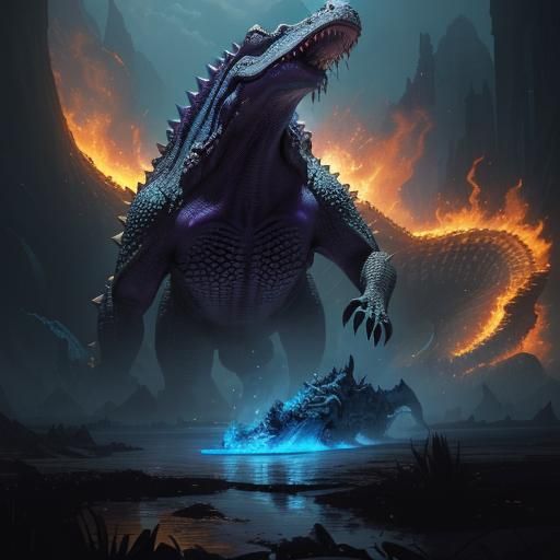 a giant spiky crocodile breathing blue fire