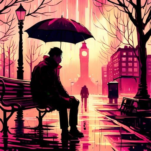 sad black-american man, raining, sitting on park bench, insa...