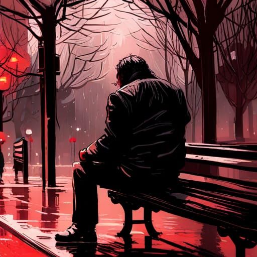 sad black-american man, raining, sitting on park bench, insa...