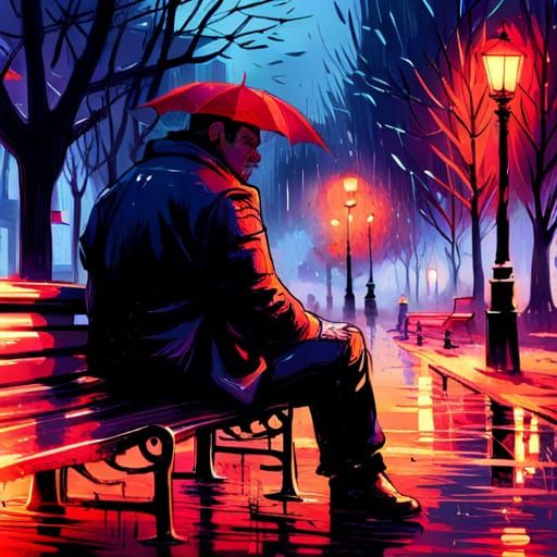 sad black-american man, raining, sitting on park bench, insa...