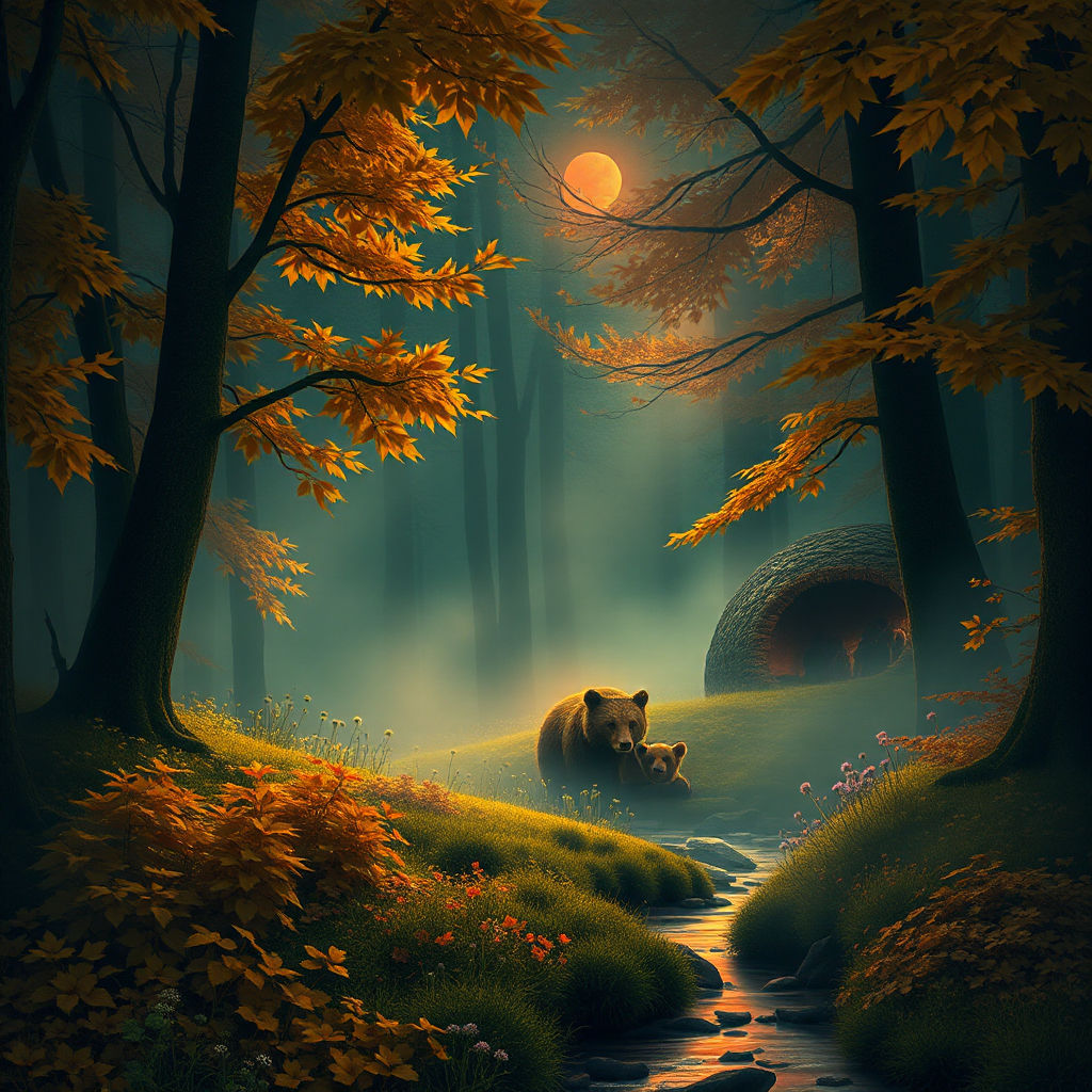 Old bear den with Mom and bear cubs