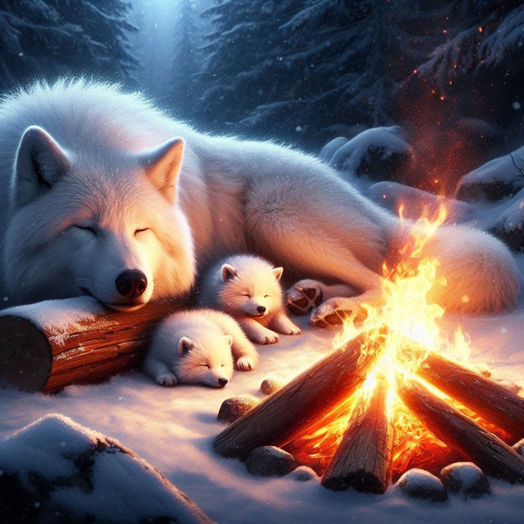 White wolf with pups warming up at the campfire