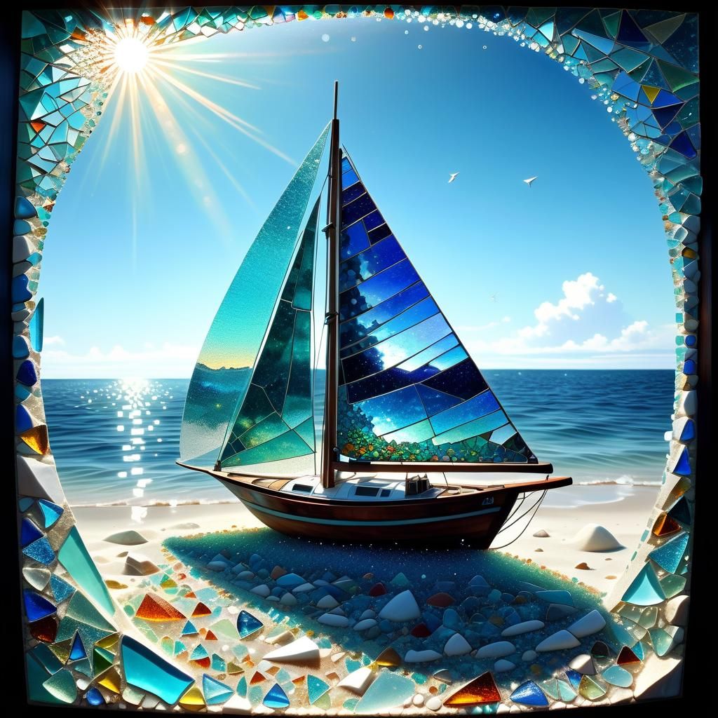 Beach Glass Sailboat Mosaic v8