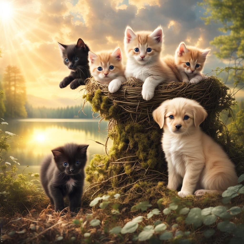 a nest full or kittens and puppies in the middle of the fore...