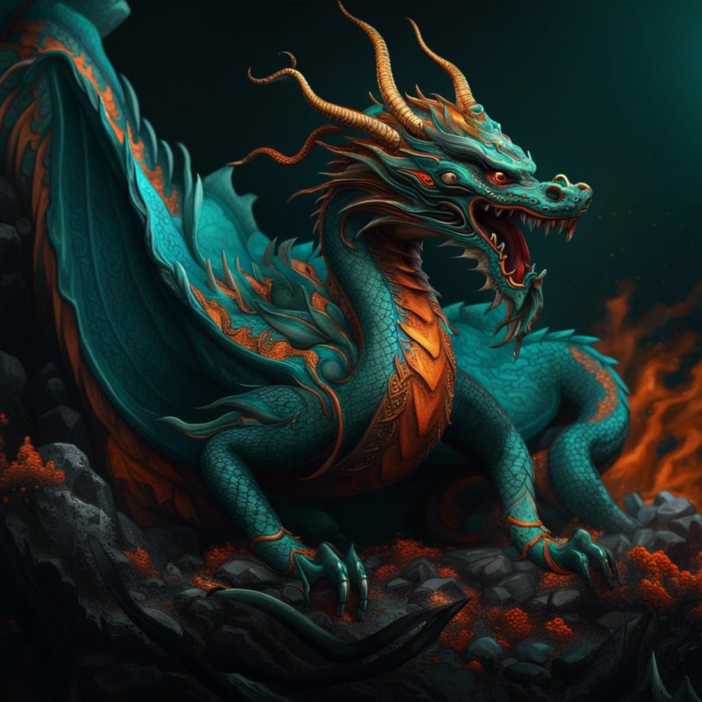 A picture of a chinese dragon full body terrifying, body colours dark ...